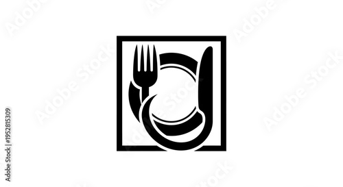 Modern Black and White Minimalist Dining Icon with Fork, Plate, and Knife in Square Frame for Restaurant Menu