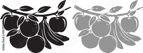 Intricate black and white cross-stitch patterns of fruit branches with apples and pears