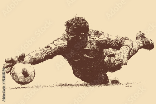 A vector illustration showing a soccer goalkeeper diving horizontally to catch the ball.