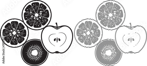 Illustrated cross-sections of various fruits showing their internal structures and seeds