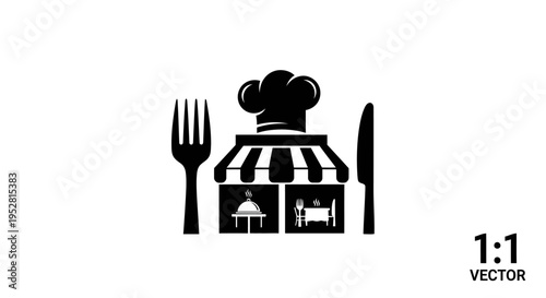 Restaurant Food Business Icon Vector with Chef Hat, Fork, Knife, and Building Awning - Dining Service Symbol