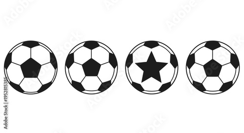 four diverse soccer balls with traditional and star patterns simply displayed on a white background for sports design.