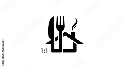 Stylized vector logo combining a house, fork, knife, and smoke, ideal for home cooking, food delivery, or restaurant services.