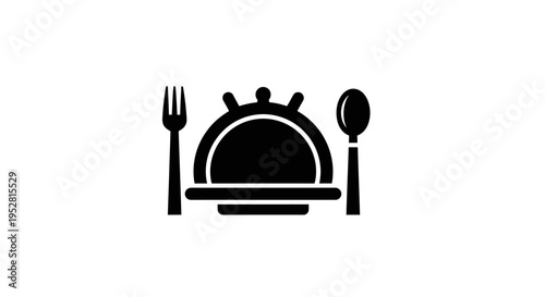 Elegant black icon of a cloche, fork, and spoon, symbolizing fine dining, restaurant service, gourmet food, and meal presentation.