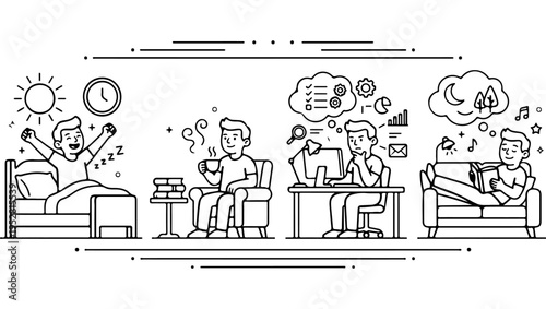 Daily routine illustrations showing waking up working and relaxing at home
