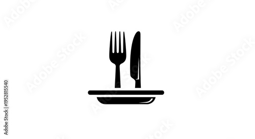 Minimalist black and white icon of cutlery (fork and knife) on a plate, symbolizing dining, restaurant service, food, or mealtime.