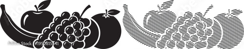 Black and white illustration of fruit clusters and individual fruits
