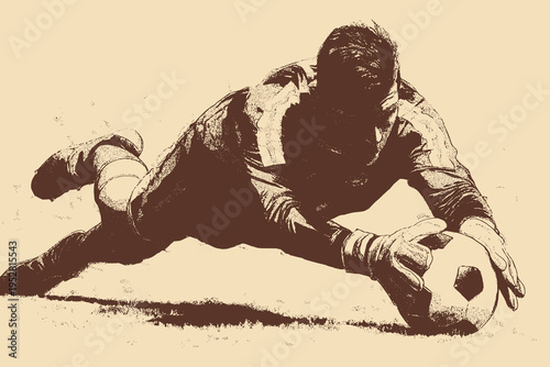 A vector illustration showing a soccer goalkeeper diving horizontally to catch the ball.