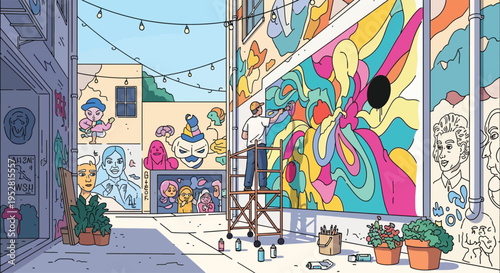 Artist painting vibrant mural on city wall.
