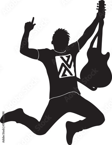 Energetic guitarist celebrating with an electric guitar and peace sign