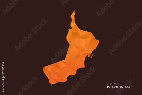 Oman Map - low poly polygon vector, geometric triangulated silhouette in orange and dark brown tones, clean modern infographic style, isolated background.
