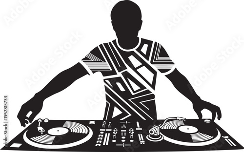 Dj skillfully mixing tracks on dual turntables and mixer setup