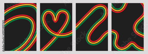Juneteenth retro wave background set. Black freedom ribbon wavy lines pattern. African American heritage month. Abstract banner for June 19 celebration