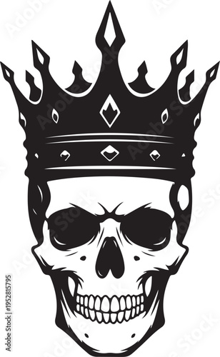 A stylish crown-topped skull illustration with a fierce and regal expression