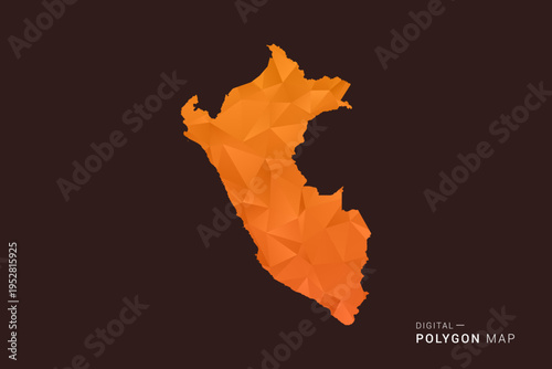 Peru Map - low poly polygon vector, geometric triangulated silhouette in orange and dark brown tones, clean modern infographic style, isolated background.