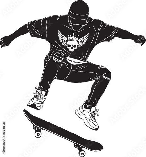 Skateboarder performing a daring trick with a basketball in hand