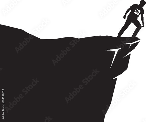 A lone figure balancing on the edge of a steep cliff with a vast expanse below