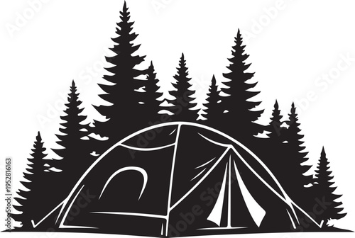 A camping tent situated among tall pine trees in a serene woodland setting