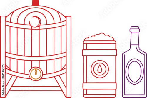 Brewery Production Process Vector Illustration Set: Wooden Fermentation Tank, Malt Barrel, and Glass Beer Bottle Outline Icons