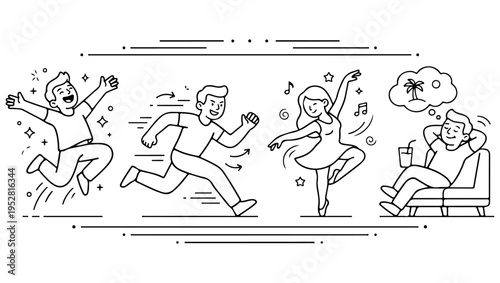 People enjoying various leisure activities like running dancing and relaxing