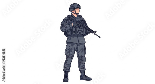 Full-body shot of a soldier in tactical gear holding a rifle.