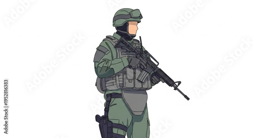 Soldier in Full Combat Gear Holding Assault Rifle.