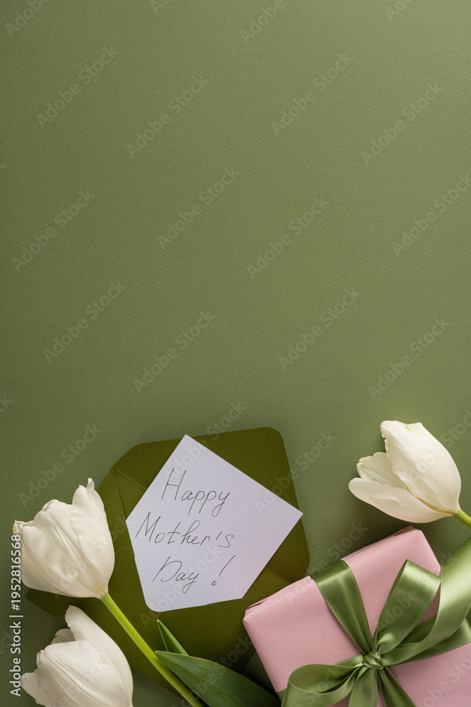 Fototapeta premium Happy Mother's Day vertical handwritten card beside white tulips and a pink gift tied with green ribbon on an olive background evoking love gratitude and elegant spring celebration