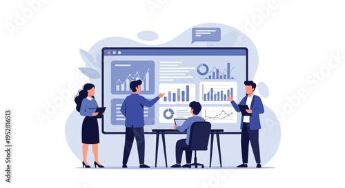 Business team analyzing financial data on a large screen.