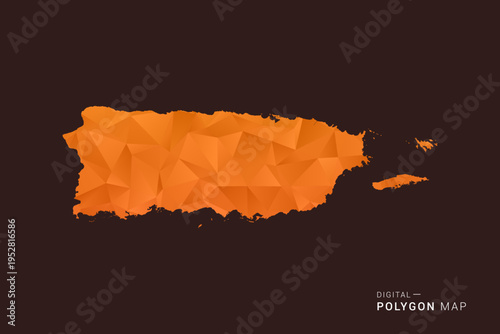 Puerto Rico Map - low poly polygon vector, geometric triangulated silhouette in orange and dark brown tones, clean modern infographic style, isolated background.