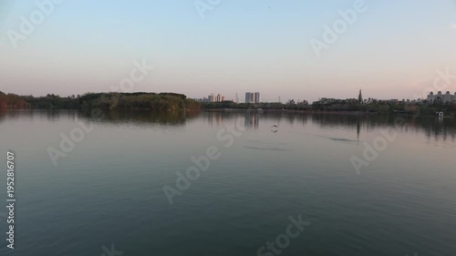 the panoramic view of the lake at sunset