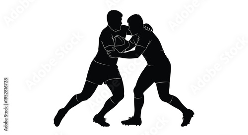 A dramatic silhouette depicts two rugby players intensely contesting possession of the ball during a scrum high quality professional