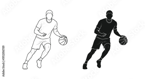 A minimalist black and white illustration depicts two athletic basketball players dribbling showcasing dynamic movement and skill high quality professional detailed