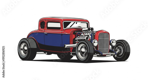 Striking Red and Blue Hot Rod with Exposed Engine.