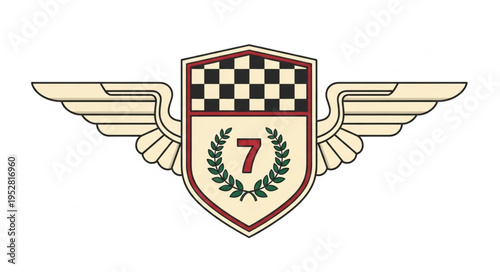 Winged emblem with checkered pattern and number seven.