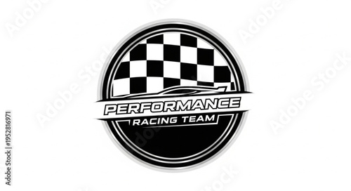 Performance Racing Team Logo with Checkered Flag and Car Silhouette.