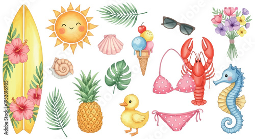 Vibrant Watercolor Summer Beach Elements Set Hand-Drawn Surfboard, Sun, Seashells, Ice Cream, Bikini, Lobster, Seahorse for Tropical Designs