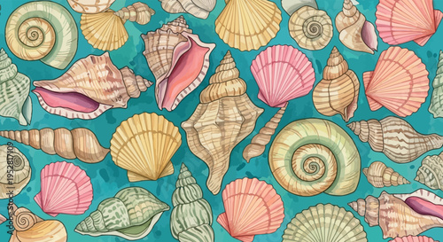 Vibrant hand-drawn watercolor seashell pattern, a diverse collection of marine shells. Ideal for summer beach themes, ocean backgrounds, and coastal design projects