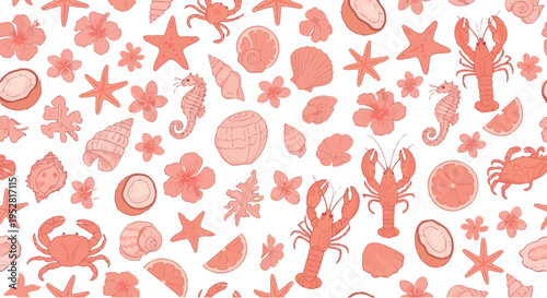 Oceanic Summer Beach Holiday Vector Pattern of Various Seashells, Starfish, Lobsters, and Tropical Flowers in Coral and White