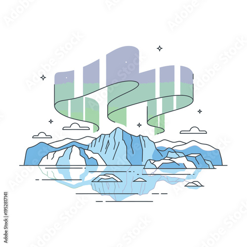 Aurora Borealis Over Arctic Icebergs and Mountains.