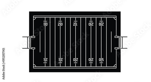 A minimalistic black and white illustration depicts a top down view of an american football field with yard lines and goalposts