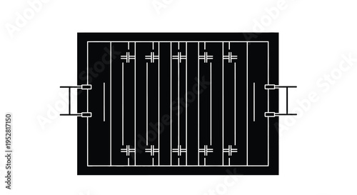 A minimalist black and white illustration depicts a top down view of a foosball table emphasizing geometric lines high quality professional detailed
