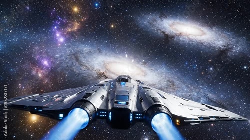 Futuristic spaceship traveling through a vibrant galaxy at warp speed.