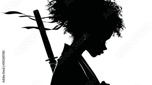 Silhouette of a warrior with sword against white background