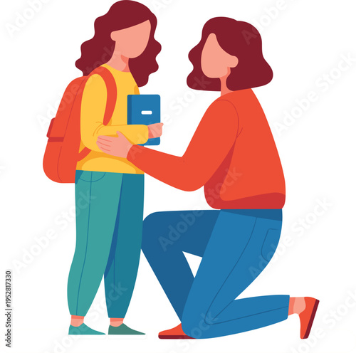 Mother saying goodbye to daughter for school, flat vector illustration of family support and early education