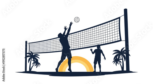 A silhouetted illustration depicts two volleyball players during a game set against a vibrant sunset backdrop with palm trees