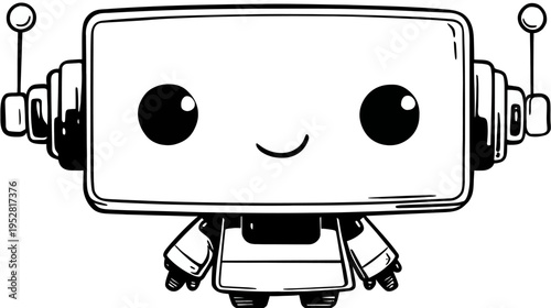 Cartoon robot illustration simple design with antenna and smile black and white