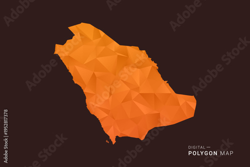 Saudi Arabia Map - low poly polygon vector, geometric triangulated silhouette in orange and dark brown tones, clean modern infographic style, isolated background.
