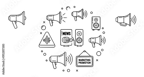 Collection of hand drawn marketing promotion icons featuring megaphones speakers and news alerts Vector