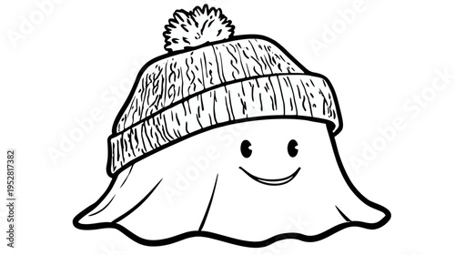 Cartoon character wearing winter hat smiling on a white background
