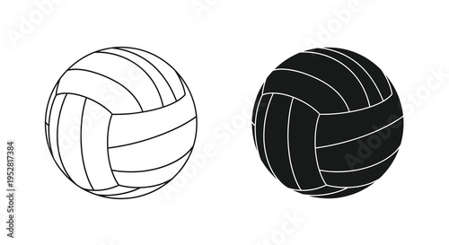 A simple black and white illustration displays two volleyballs one light and one dark showcasing their segmented design high quality professional